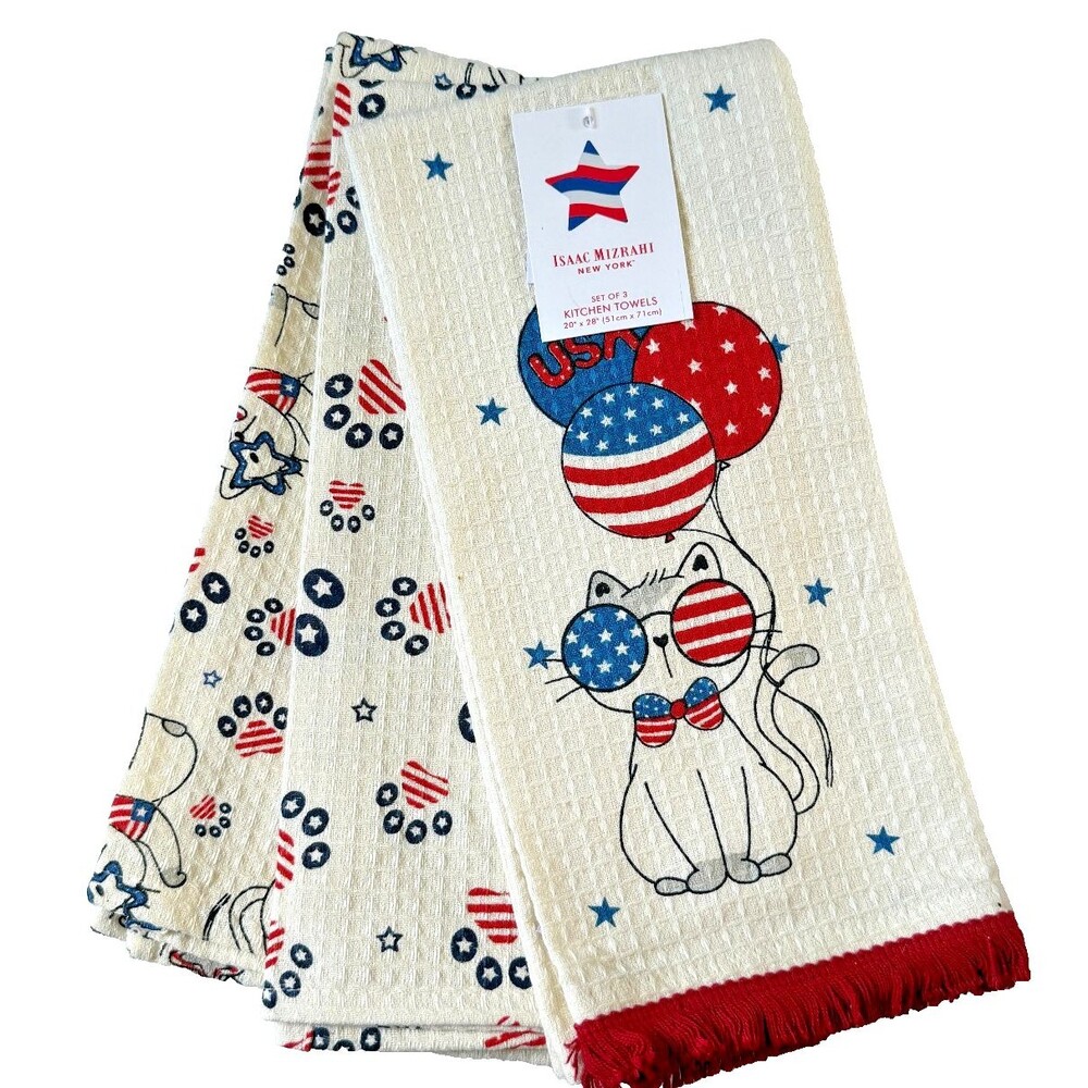Isaac Mizrahi Kitchen Dish Towels Patriotic Cat Paw Prints July 4th Set of 3